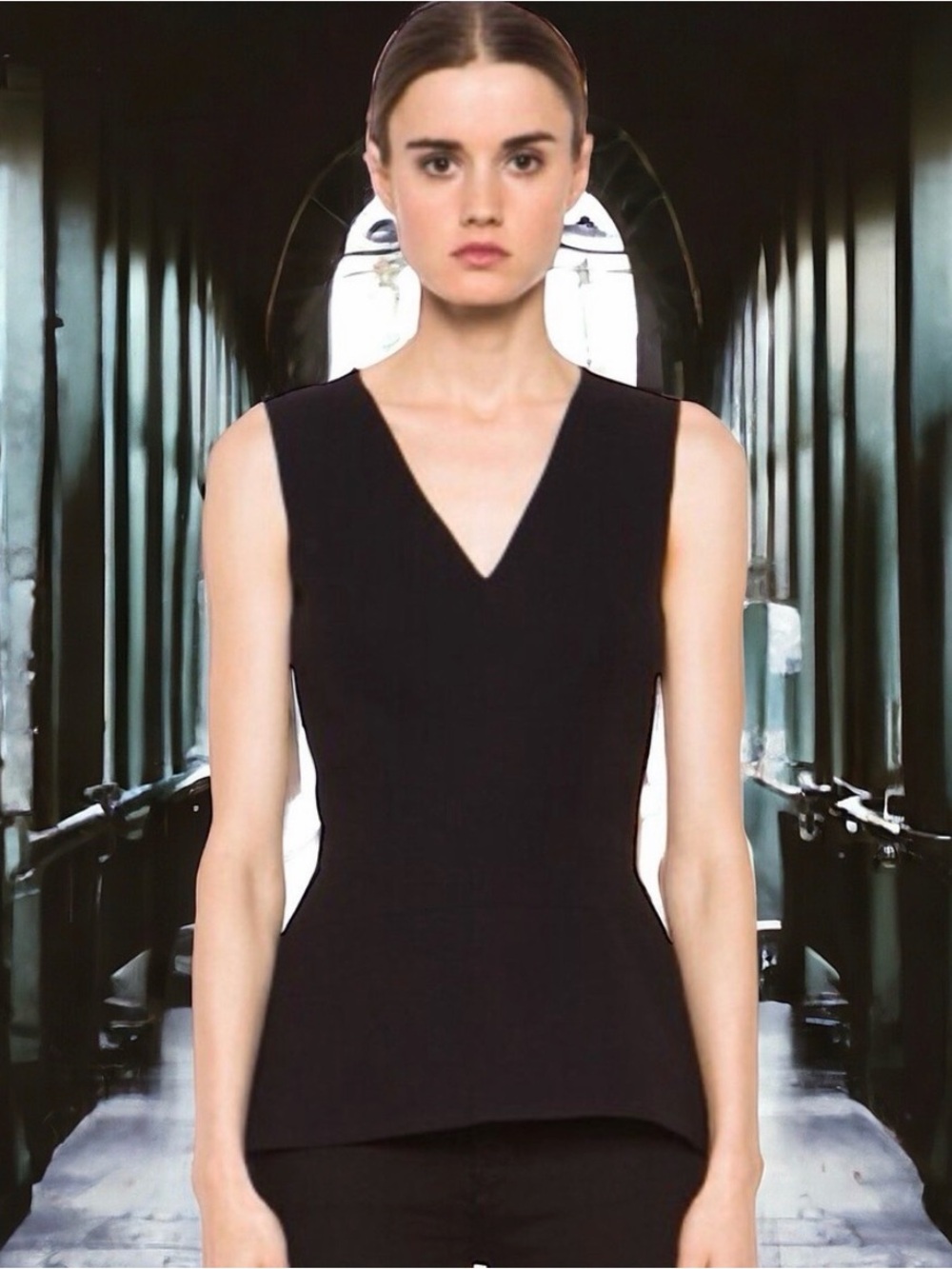 VICTORIA BECKHAM Black Deep V Fitted Peplum Blouse like new